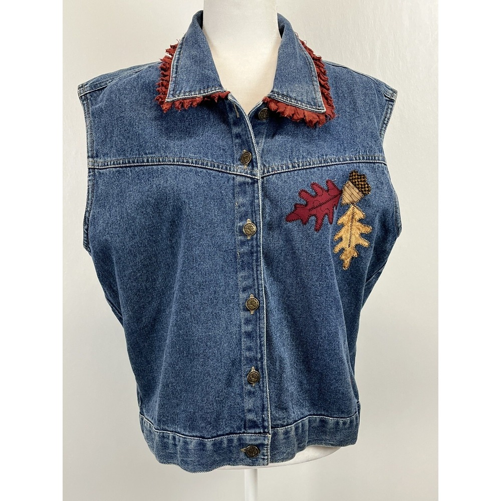 Vintage Sugar Ridge Creations Fall Denim Jean Vest Sz XL VGUC Applique Leaves